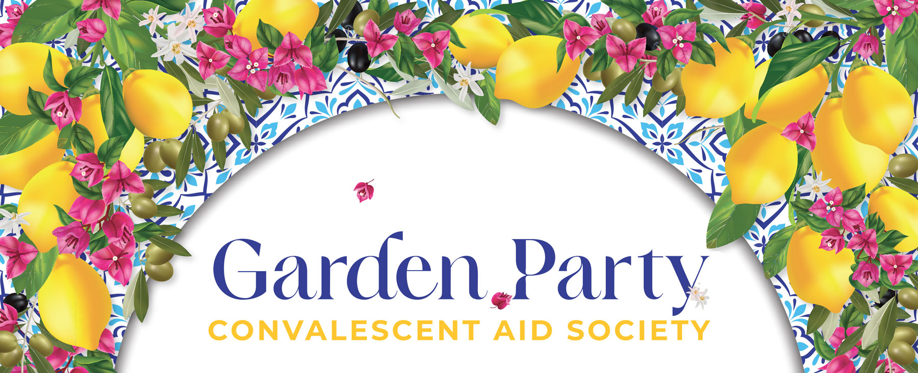 The 2026 CAS Garden Party logo with Capri Mediterranean theme of lemons, olives, bougainvillea, and blue tiles