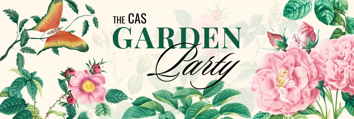 The 2025 CAS Garden Party logo against cream background with pink flowers and an orange butterfly