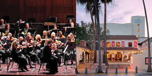photo of Pasadena Symphony in concert on the left and on the right, the front of the Pasadena Playhouse building